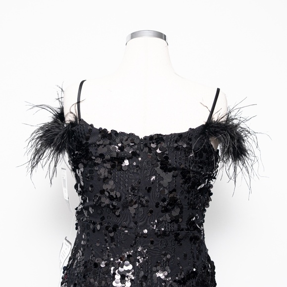 Betsy & Adam - Sequined Feather-Trim Gown - Picture 11 of 12